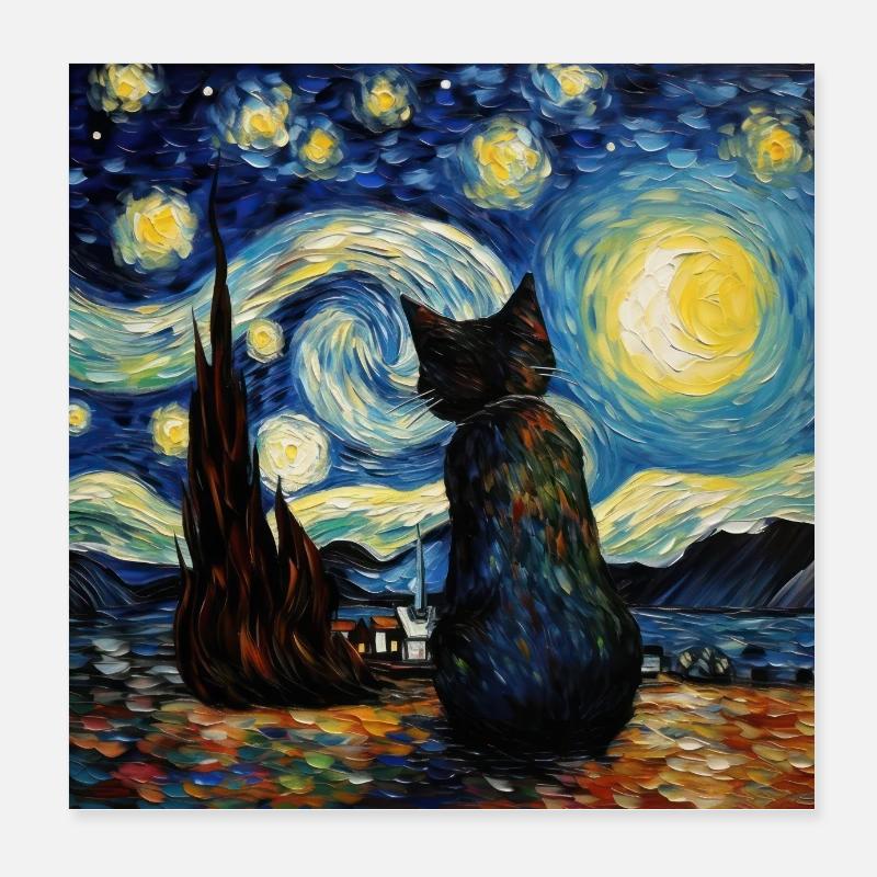 Chat, Motif De Chat, Van Gogh, Nuit Étoilée Poster 20 x 20 cm
