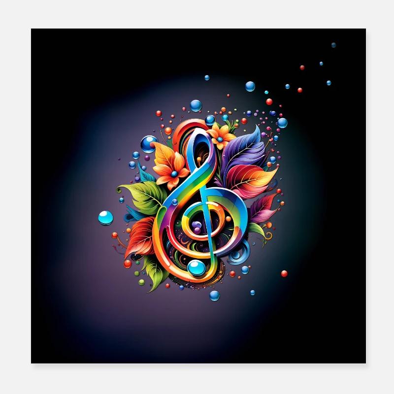 Musique, clé colorée avec des feuilles Poster 20 x 20 cm