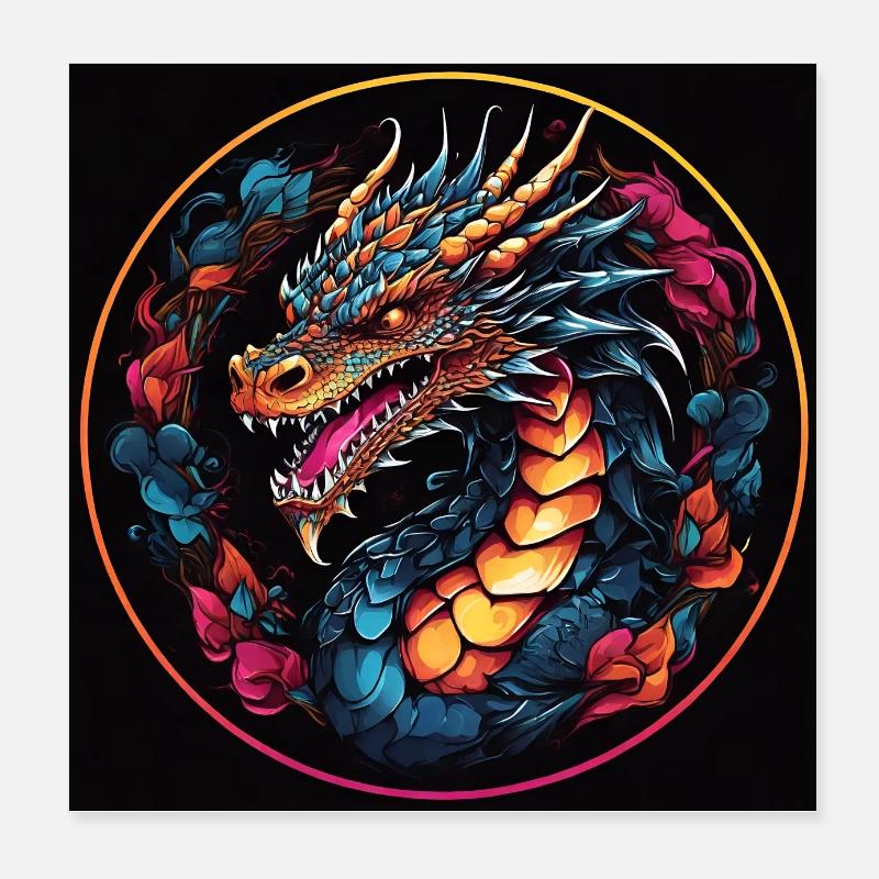 Bunter farbenfroher Drache Drachenportrait Poster 20x20 cm