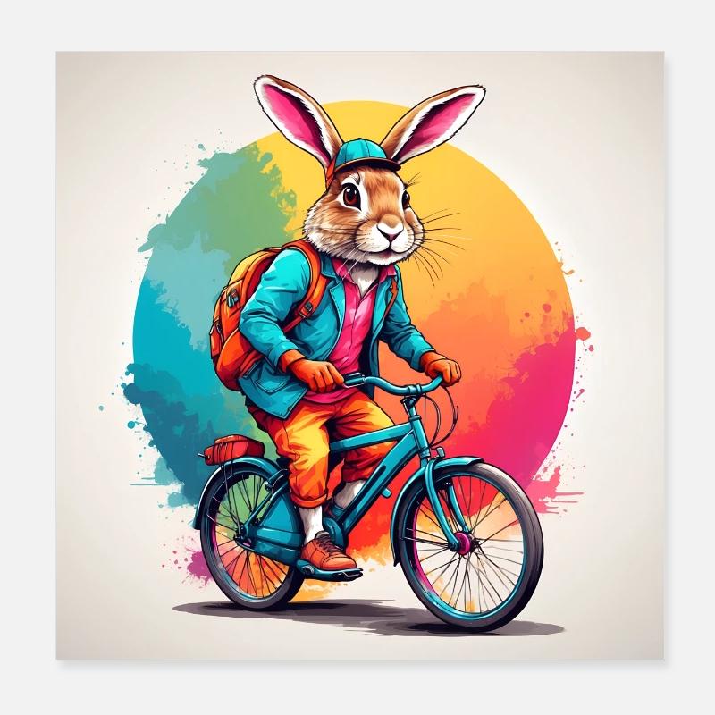Poster Bunny Riding Bicycle Lapin de Pâques à vélo Poster 20 x 20 cm