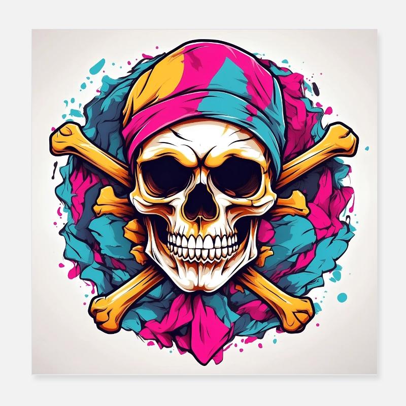 Decorative Colorful Skull with Bone Poster 8" x 8" (20x20 cm)