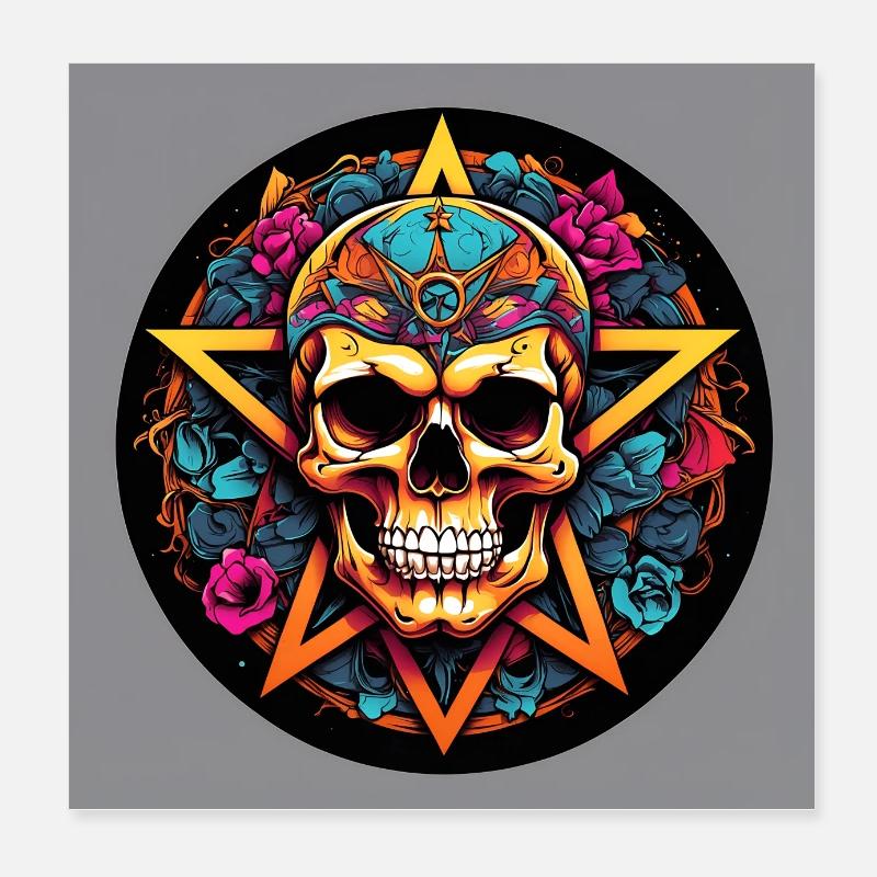 dekorativer farbenfroher Skull mit Pentagramm Poster 20x20 cm