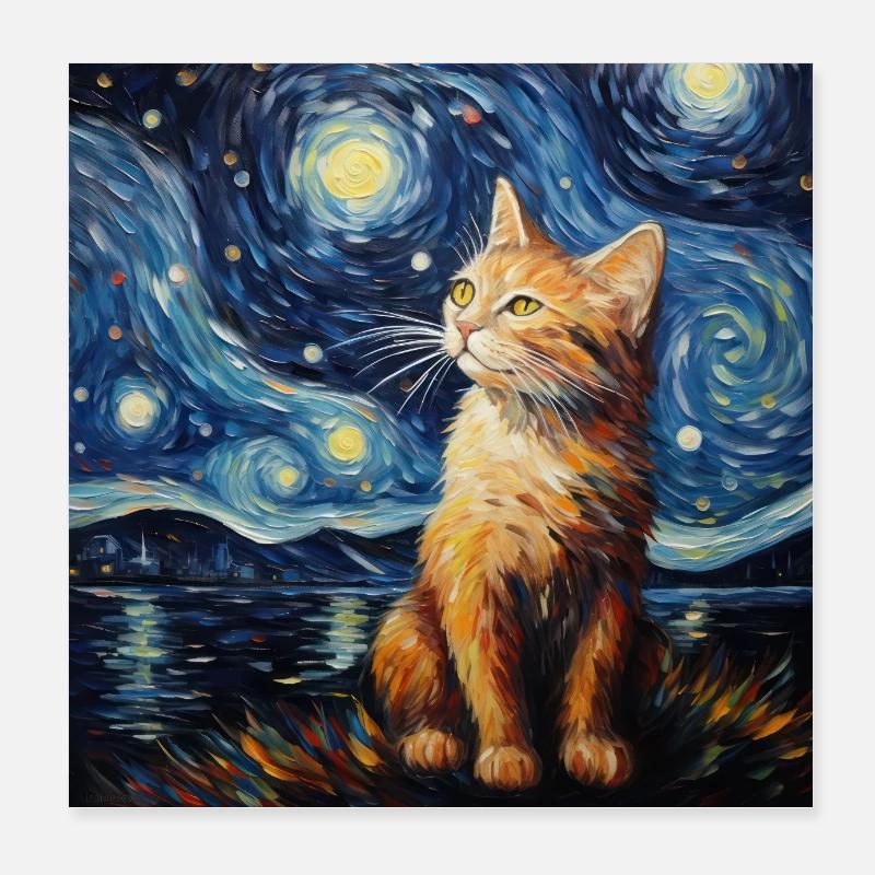 Cat, Cat Motif, Van Gogh, Starry Night Poster 8" x 8" (20x20 cm)