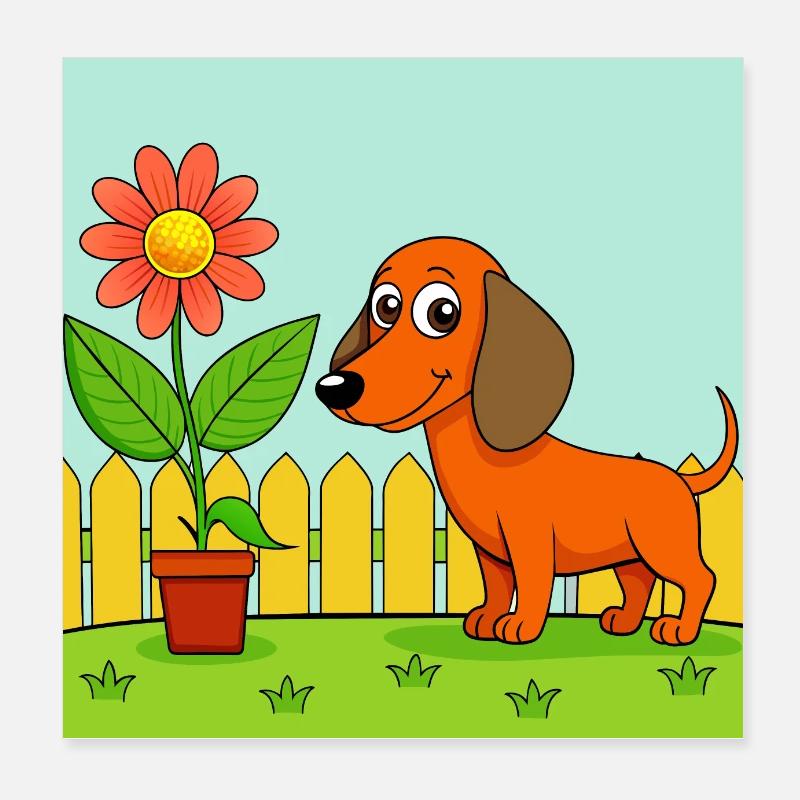 Neugieriger Dackel schnüffelt Blume im Garten Poster 20x20 cm