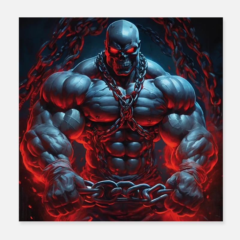 Monster Skull Bodybuilder Chains Motivational Design Poster 8" x 8" (20x20 cm)