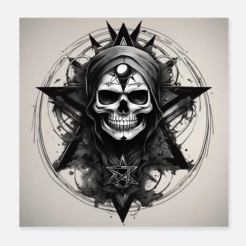 Schädel Grau Schwarzweiss Pentagramm Poster 20x20 cm
