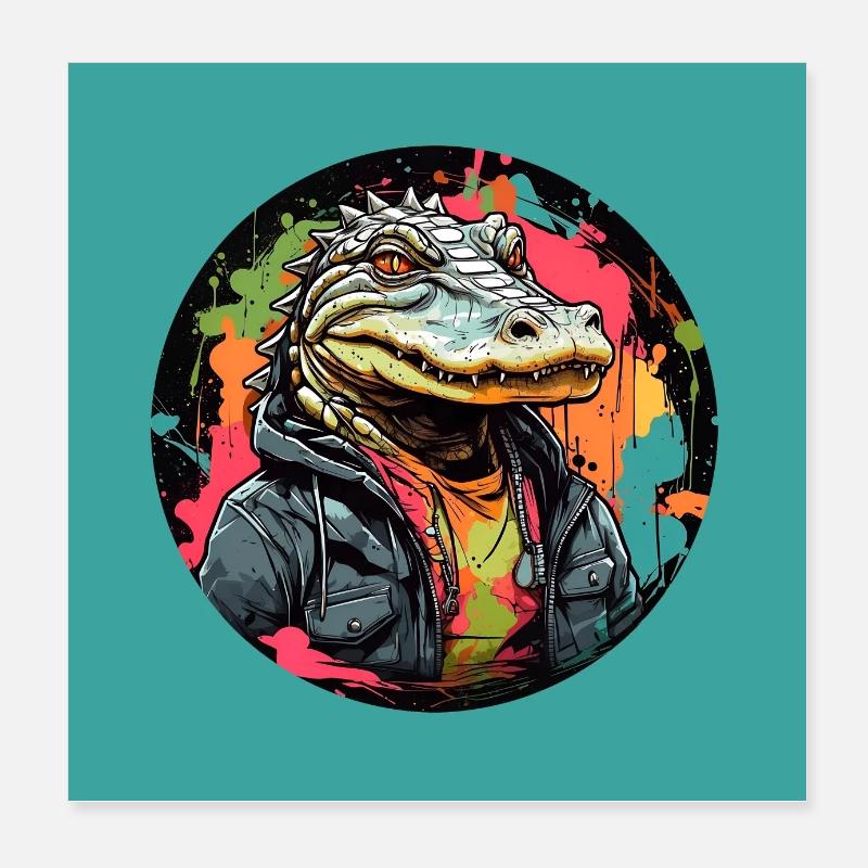 Cooler Alligator Krokodil auf Farbklecksen Poster 20x20 cm