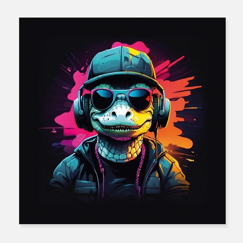 Alligator mit Cap, Sonnenbrille und Kopfhörer Poster 20x20 cm