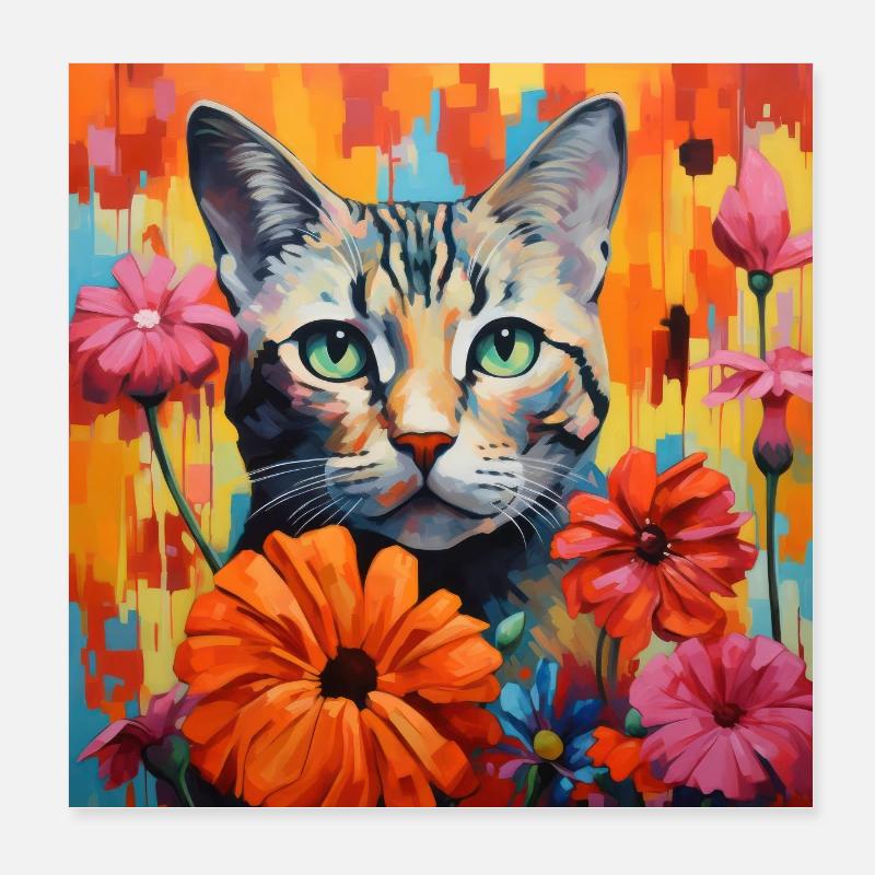 cat, cat motif, flowers, gift, gift idea Poster 8" x 8" (20x20 cm)