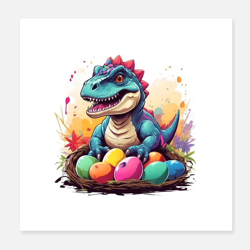 Little Dino in Easter Basket, Dino Baby and Easter Eggs. Poster 8" x 8" (20x20 cm)