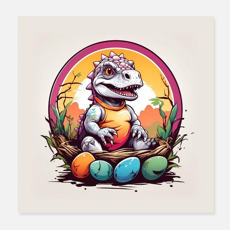 Dinobaby in Easter basket with colorful Easter eggs Poster 8" x 8" (20x20 cm)