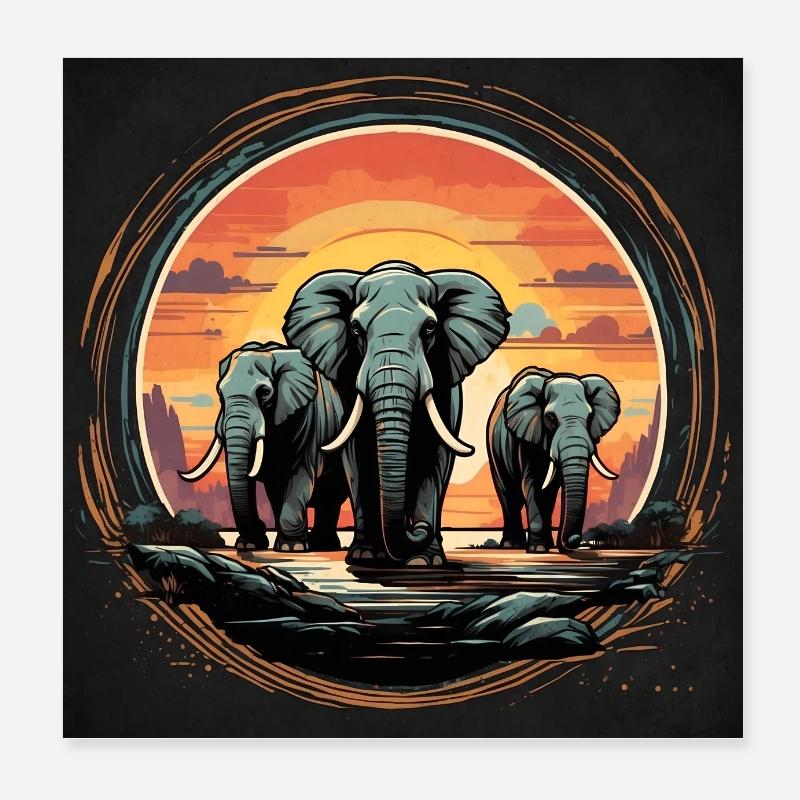 Three Elephants at Sunset Poster 8" x 8" (20x20 cm)