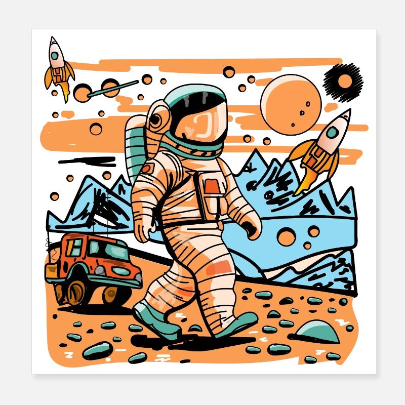 Space astronaut walking in alien planet and rocket Poster 8" x 8" (20x20 cm)