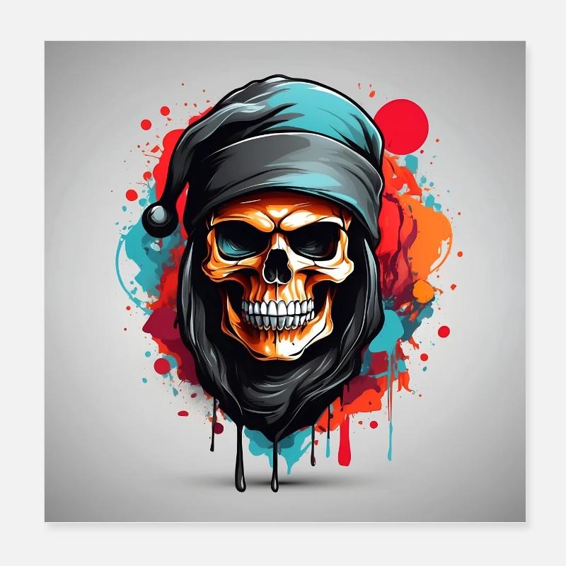 Skull mit blauer Mütze und Farbklecksen Poster 20x20 cm