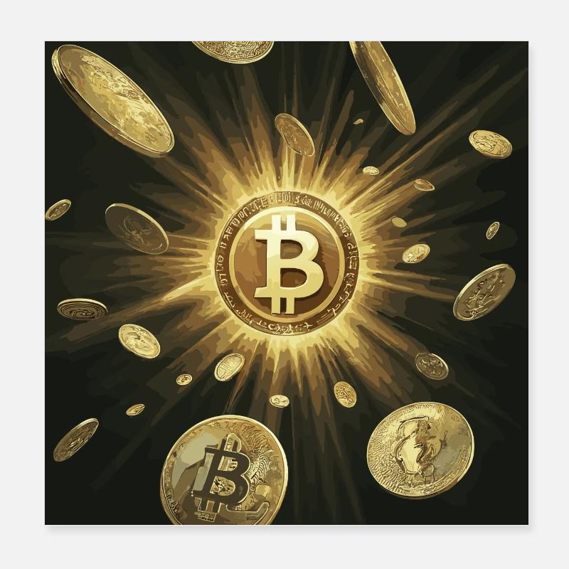 Golden Bitcoin Explosion on Dark Poster 8" x 8" (20x20 cm)