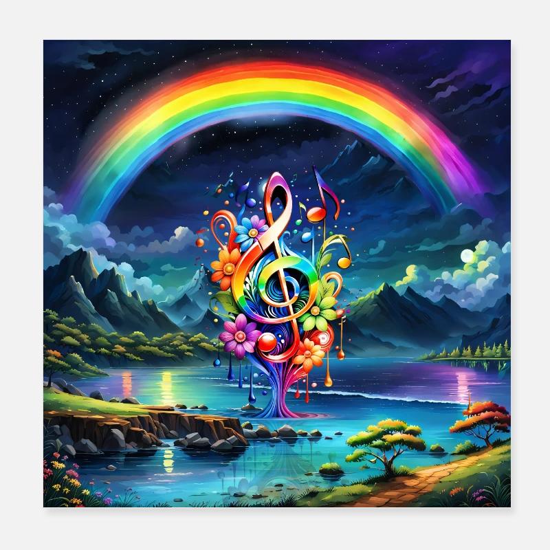 Musique, clé colorée avec des feuilles sur le lac. Poster 20 x 20 cm
