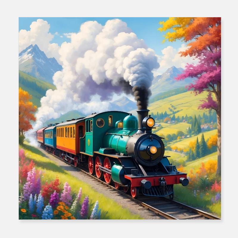 Bunte Eisenbahn mit qualmender Dampflok Poster 20x20 cm