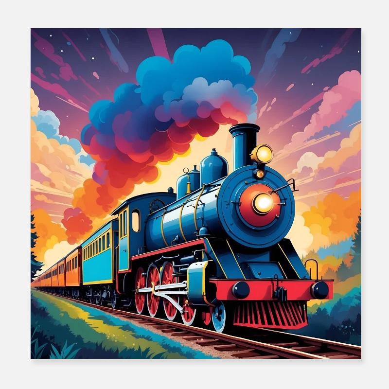 Bunte Eisenbahn mit qualmender Dampflok Poster 20x20 cm