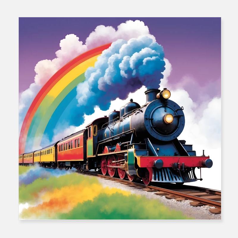 Bunte Eisenbahn mit rauchender Dampflok Poster 20x20 cm