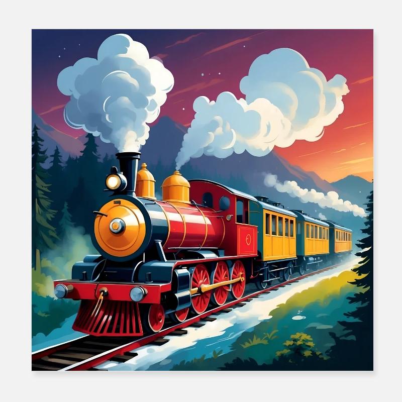 Bunte Eisenbahn mit qualmender Dampflok Poster 20x20 cm