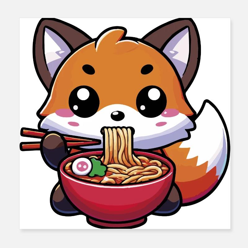 Cute Kawaii Fox eating Ramen Poster 8" x 8" (20x20 cm)