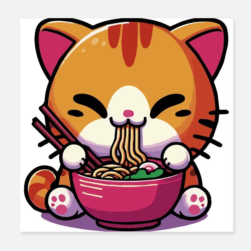 Chat Kawaii Neko mignon mangeant des Ramen 1 Poster 20 x 20 cm