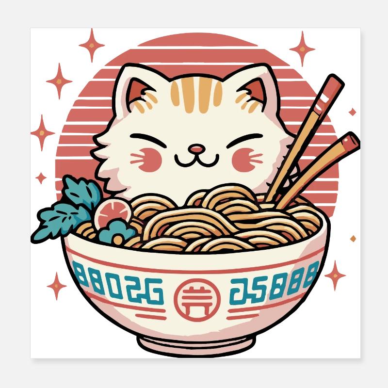 Chat Kawaii Mignon mangeant des Ramen - 1 Poster 20 x 20 cm