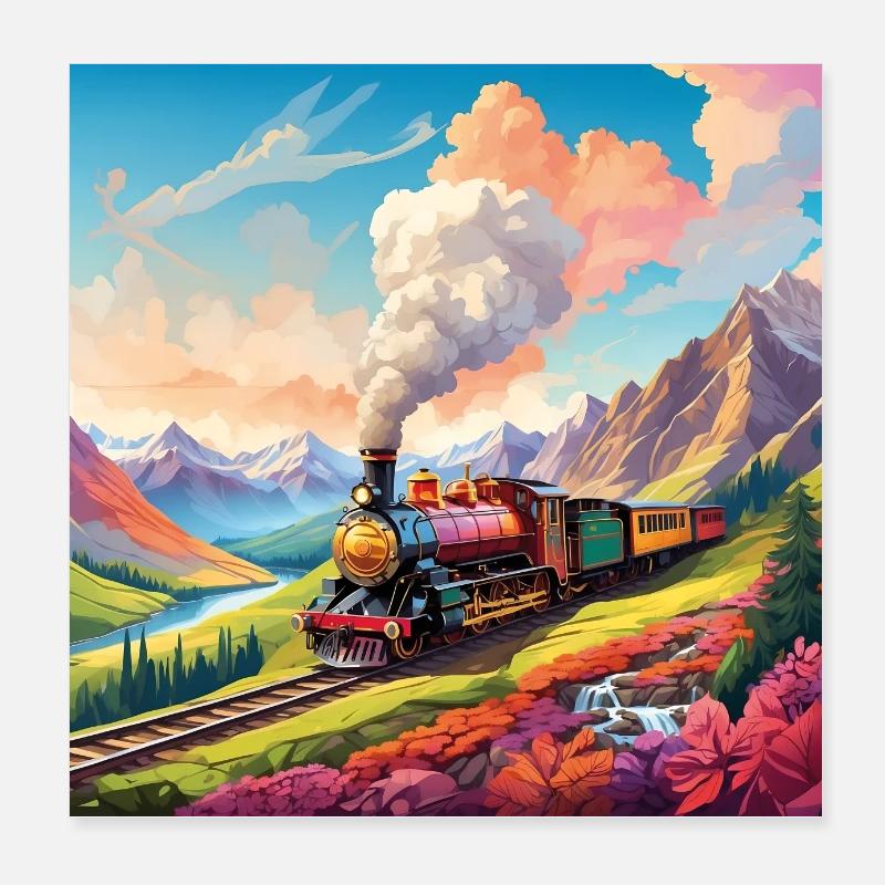 Locomotive à vapeur colorée avec train de chemin de fer Poster 20 x 20 cm