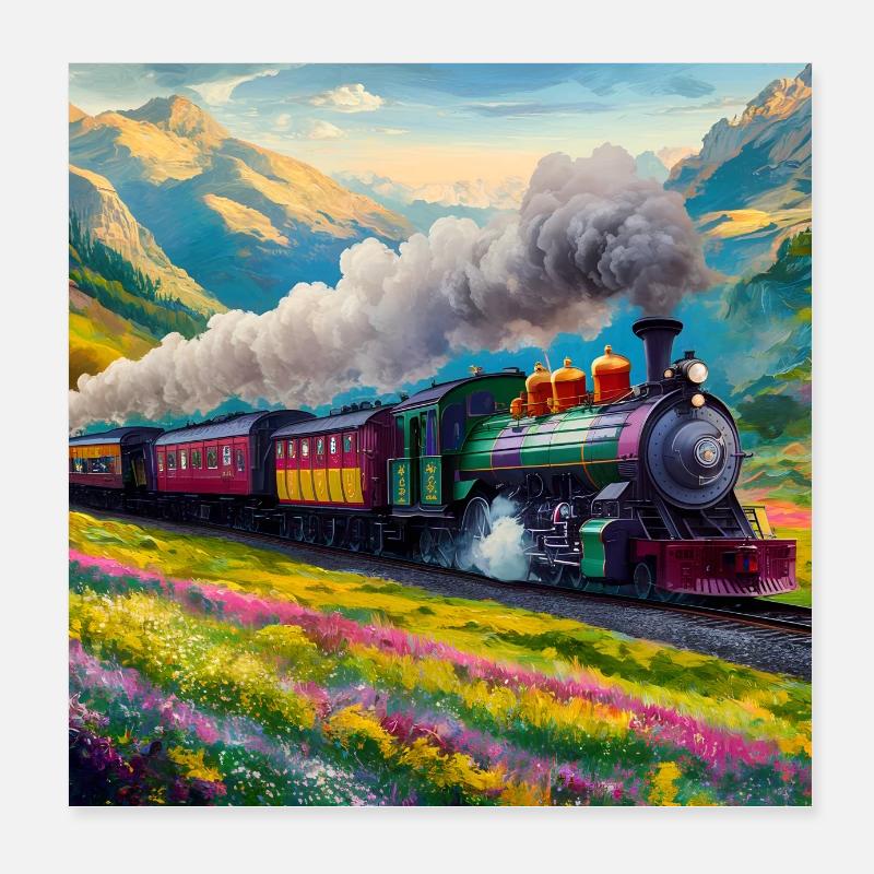 Bunter Eisenbahnzug mit qualmender Dampflok Poster 20x20 cm