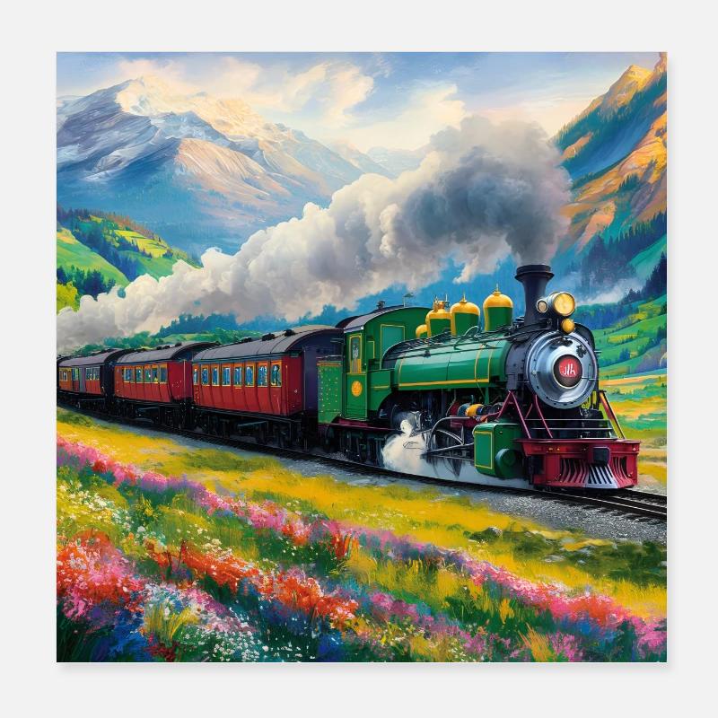Bunter Eisenbahnzug mit qualmender Dampflok Poster 20x20 cm