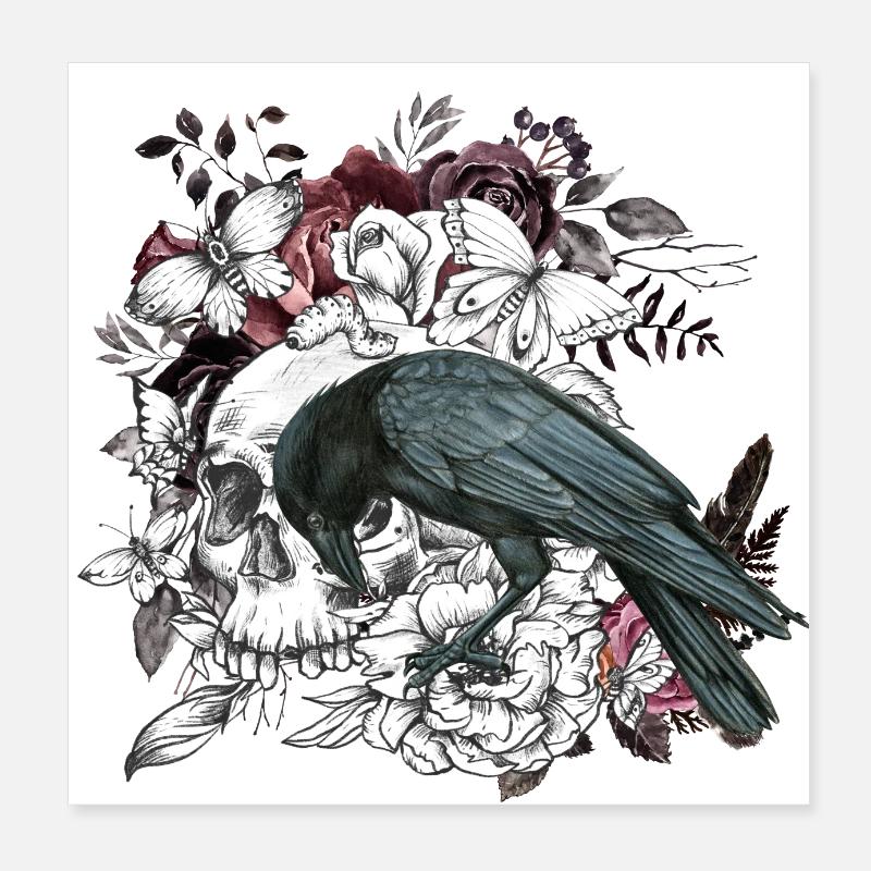 Floral, Gothic Skull and Raven, Whimsigoth Poster 8" x 8" (20x20 cm)