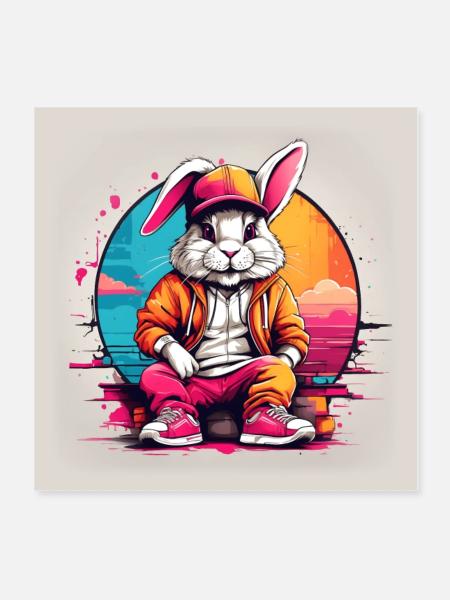 Cool Bunny Streetwear Hoodie Casquette De Baseball Splash de Couleur - Poster 20 x 20 cm - blanc - Devant