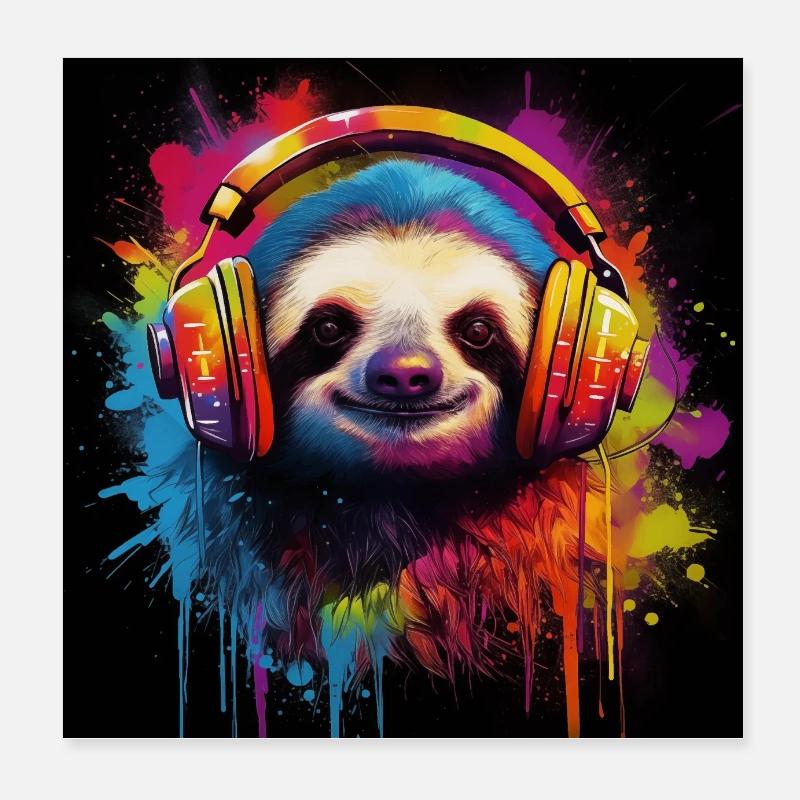 DJ Faultier mit Kopfhörern Poster 20x20 cm