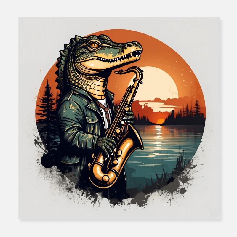 Un crocodile cool joue du saxophone Poster 20 x 20 cm