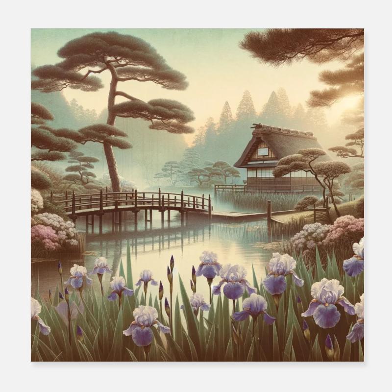 Japon Vintage Jardin Étang Fleurs d’Iris Poster 20 x 20 cm