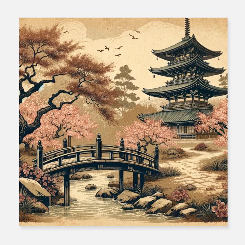 Japan Vintage Kirschblüten Pagode Poster 20x20 cm