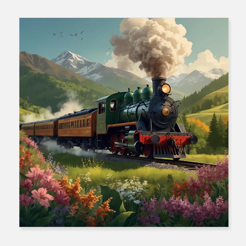 Nostalgische qualmende Dampflokomotive mit Waggons Poster 20x20 cm