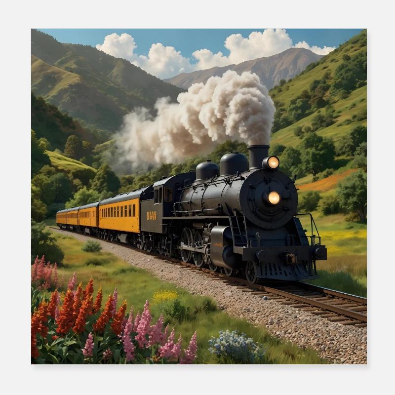 Nostalgische qualmende Dampflokomotive mit Waggons Poster 20x20 cm