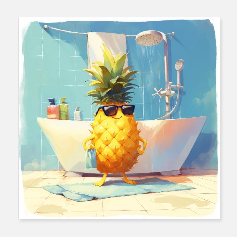 Funny pineapple takes a shower Poster 8" x 8" (20x20 cm)