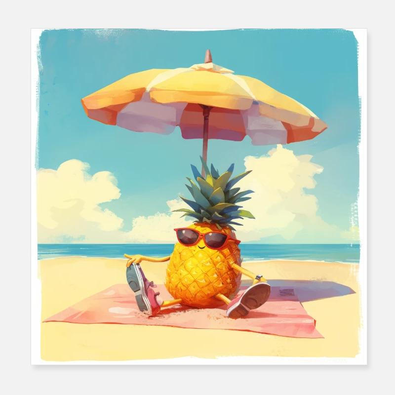 Funny pineapple sunbathing on the beach under an umbrella Poster 8" x 8" (20x20 cm)