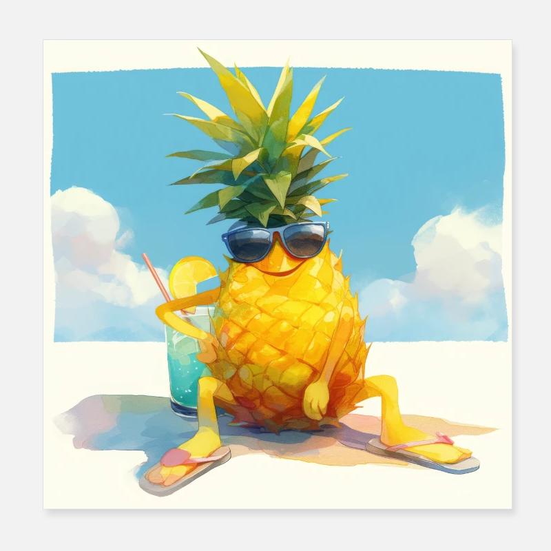 Funny pineapple drinking a drink on the beach Poster 8" x 8" (20x20 cm)