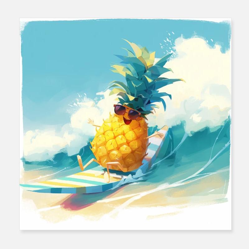 Drôle d’ananas surfant sur les vagues Poster 20 x 20 cm