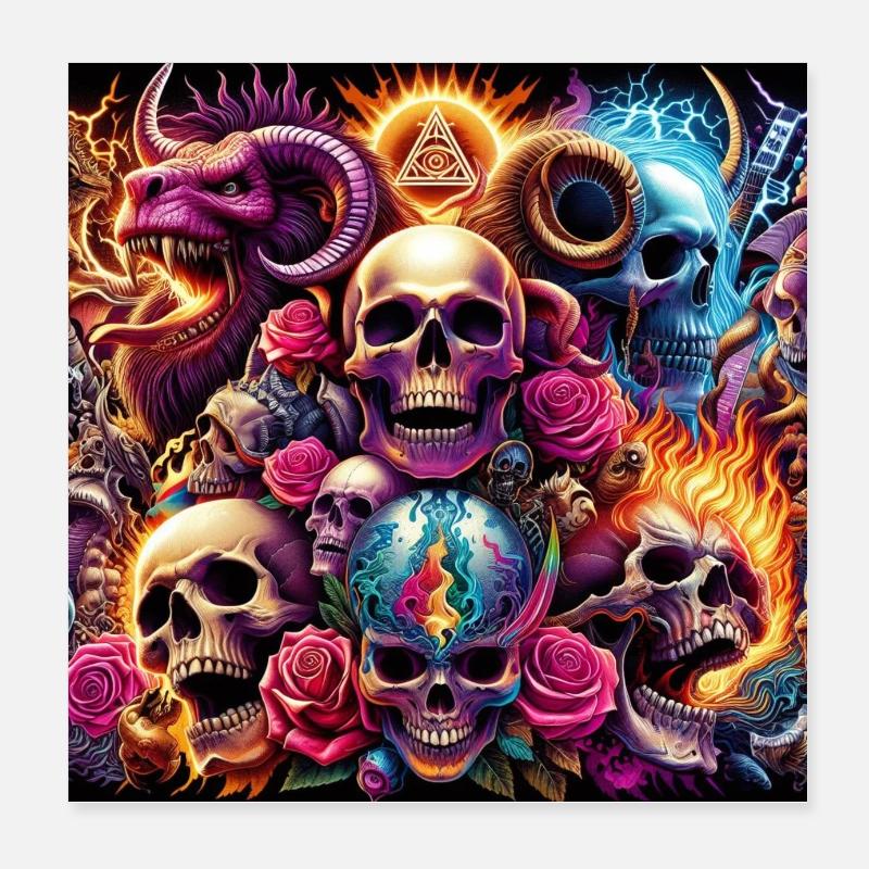 Crânes, couleurs et fleurs Poster 20 x 20 cm