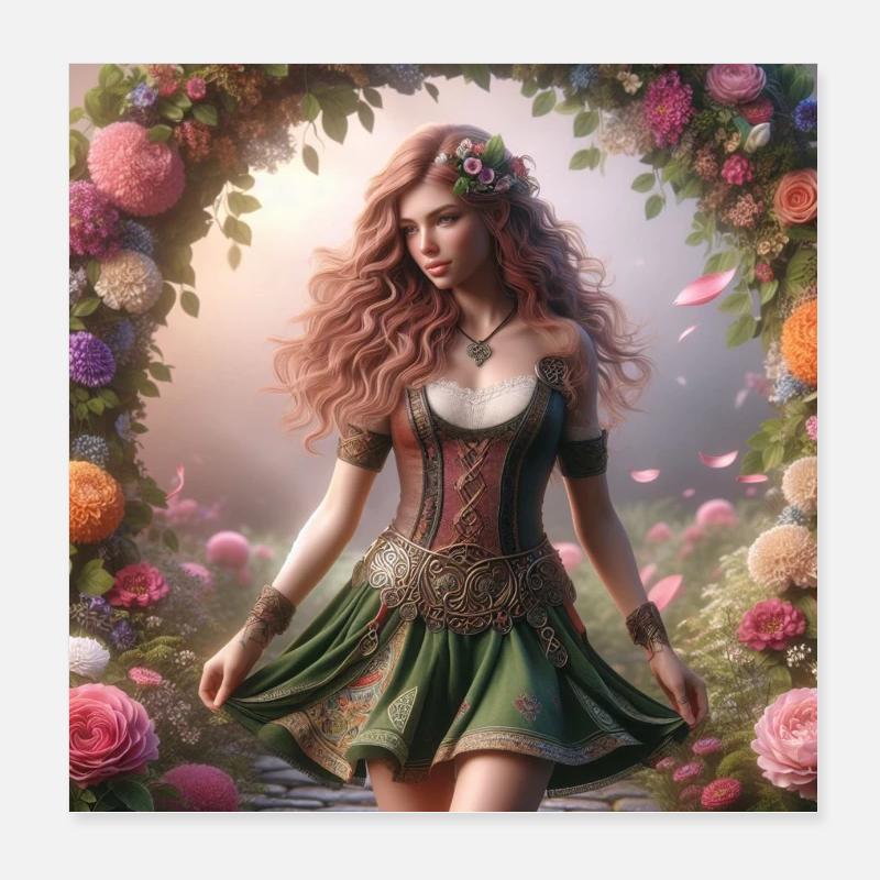 Femme celtique dans une arche de fleurs Poster 20 x 20 cm