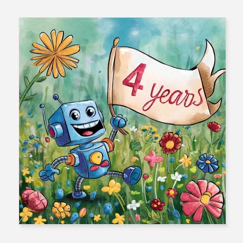 4 ans, 4e anniversaire robot sur prairie fleurie Poster 20 x 20 cm