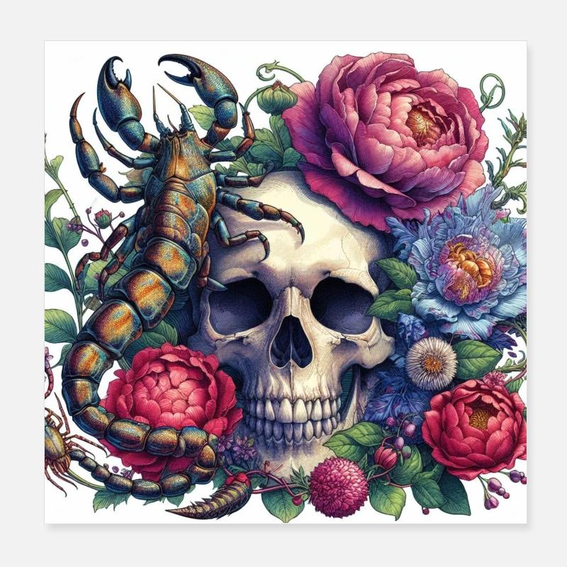 Aquarelle crâne, fleurs et scorpion Poster 20 x 20 cm