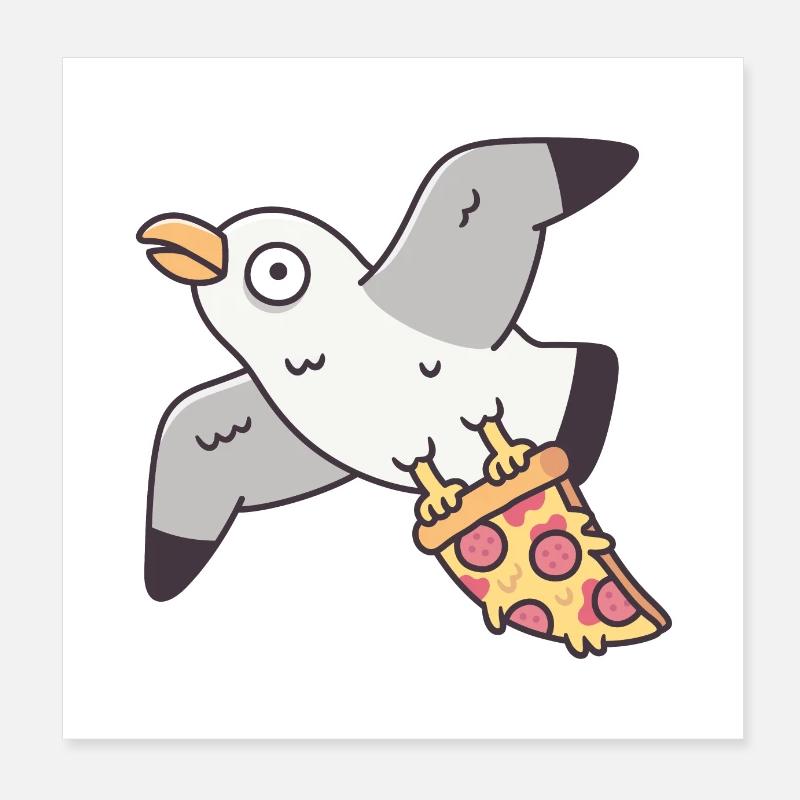 Funny Seagull Flying Off With Pizza Slice Poster 8" x 8" (20x20 cm)