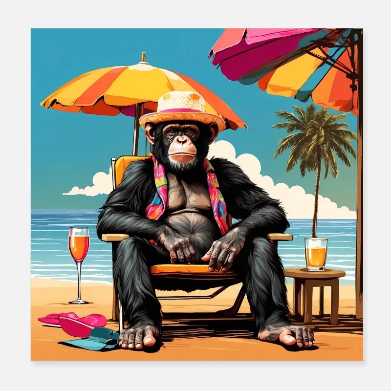 Cool chimpanzee with sunglasses on the beach Poster 8" x 8" (20x20 cm)
