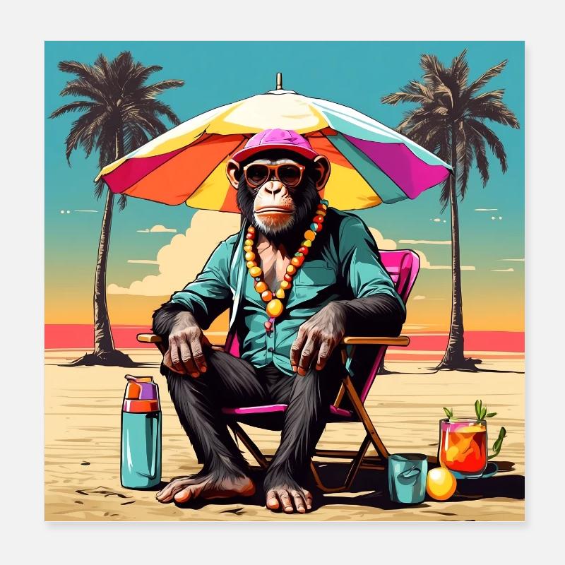 Cool chimpanzee with sunglasses on the beach Poster 8" x 8" (20x20 cm)