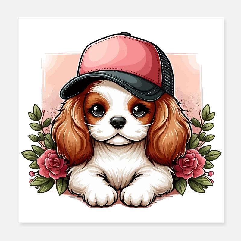 Cavalier King Charles Dog Cap Pink Poster 8" x 8" (20x20 cm)